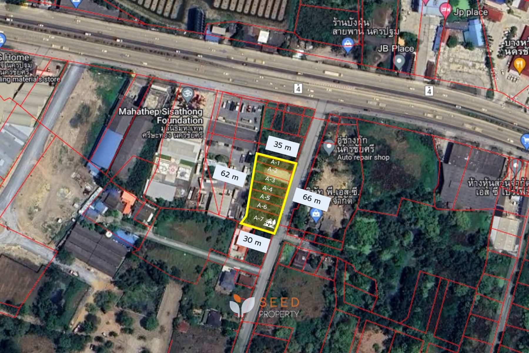 ภาพถ่ายดาวเทียมแสดงผังที่ดินกลุ่ม A แบ่ง 7 แปลง A-1 ถึง A-7 ติดถนน พร้อมขนาดบนภาพ